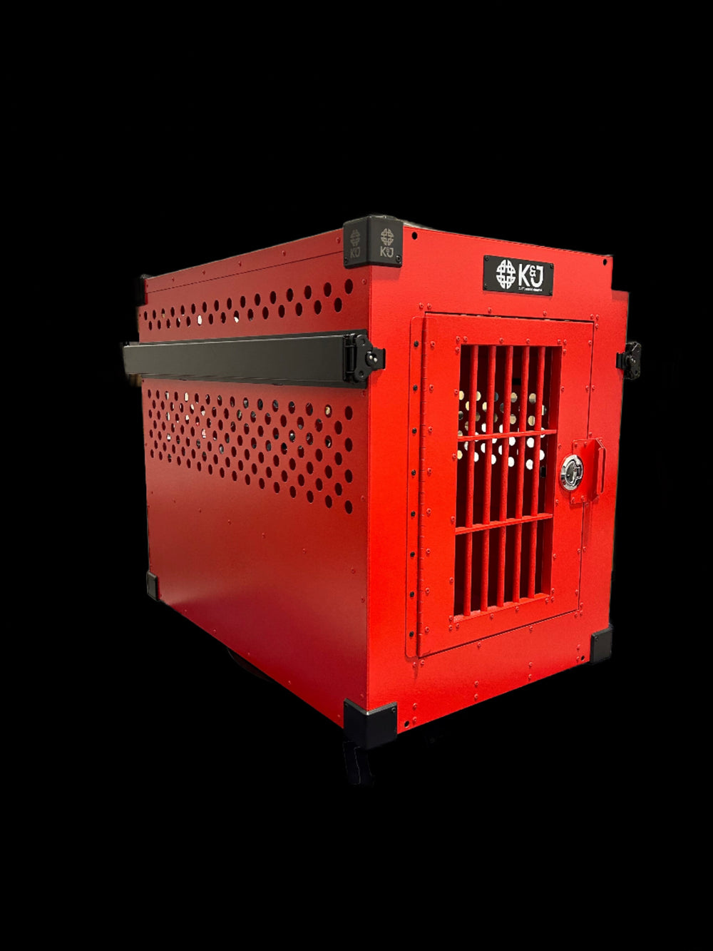 Red stationary Dog Crate front view from an angle